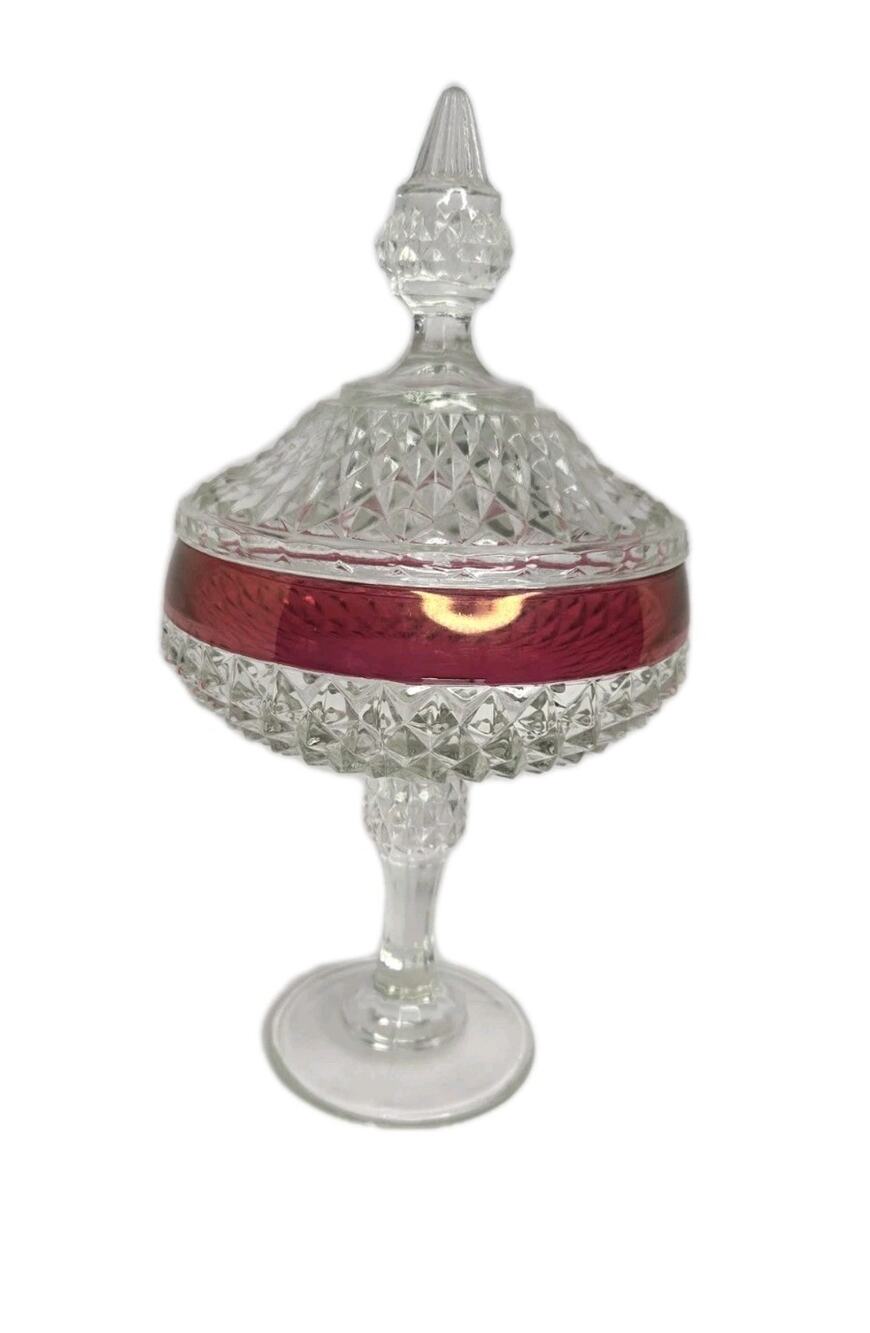 Cranberry n Clear Indiana Glass Diamond Point Pedestal Lidded Candy Dish Compote